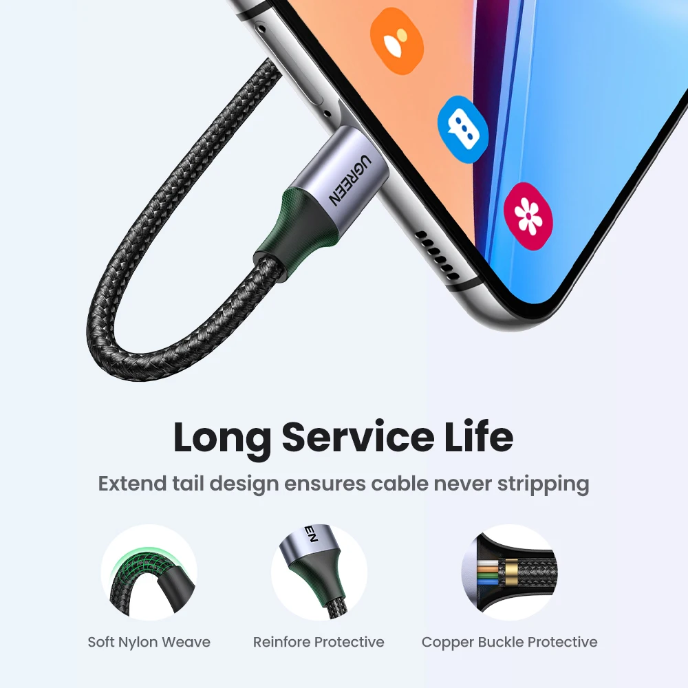 Cable USB tipo C de UGREEN, con revestimiento trenzado, para cargar dispositivos APPLE iPhone 17, 16 y 15, compatible con Carplay y Android. Cable USB C para carga y transferencia de datos, disponible en versiones corta y larga: 2 m, 3 m, 25 cm y 50 cm.