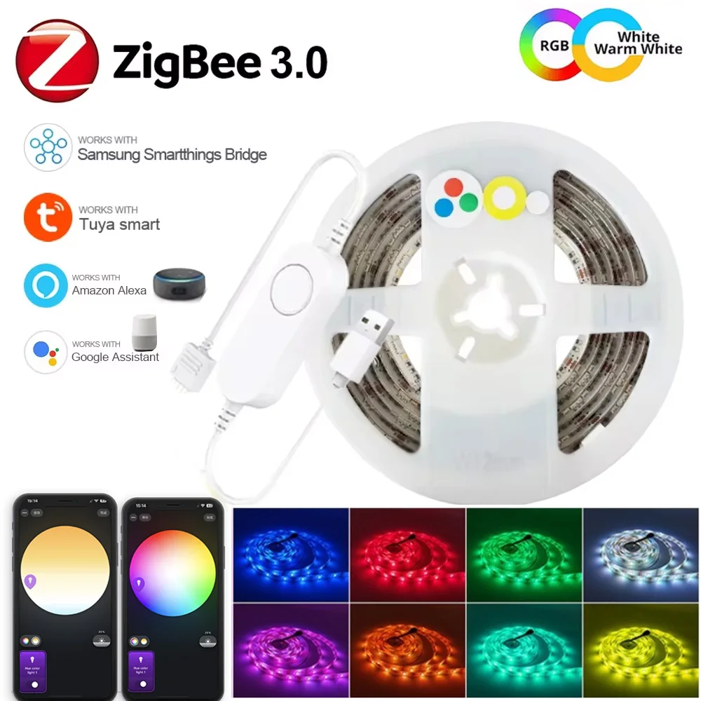 Tira de luces LED inteligente USB, Control por aplicación Tuya Zigbee 5050 RGBCCT, cinta de lámpara Flexible, decoración de habitación, retroiluminación de TV para Alexa