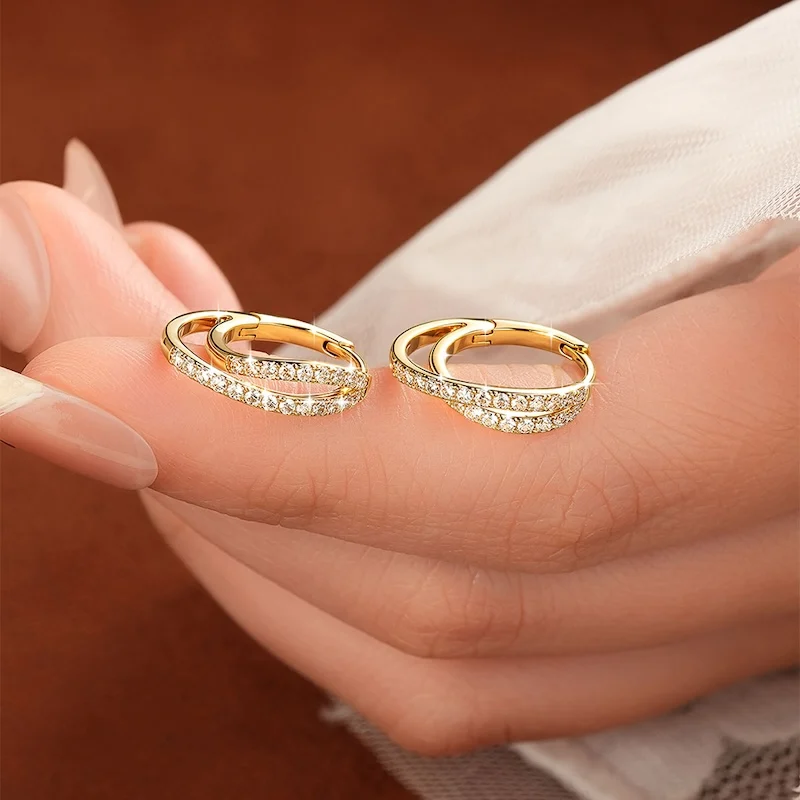 Pendientes de Aro Rrjzz con Diamantes de Laboratorio Color D, Pendientes de Aro de Moissanita de Doble Capa con Diseño Cruzado para Mujer, Regalos de Joyería