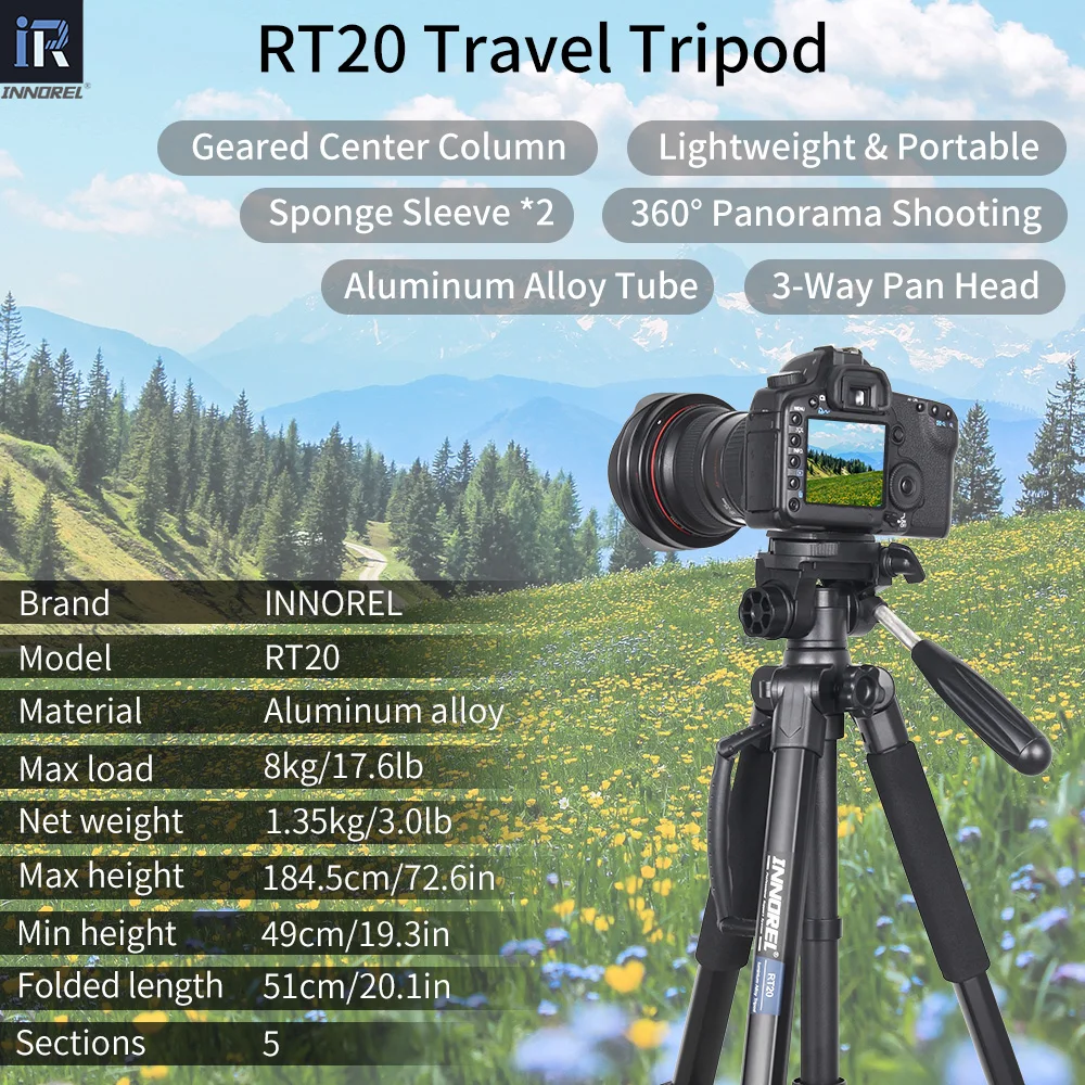 Trípode de cámara INNOREL RT20 de 184cm de altura, soporte profesional de viaje ligero para teléfono móvil DSLR, videocámara, luz de relleno Gopro
