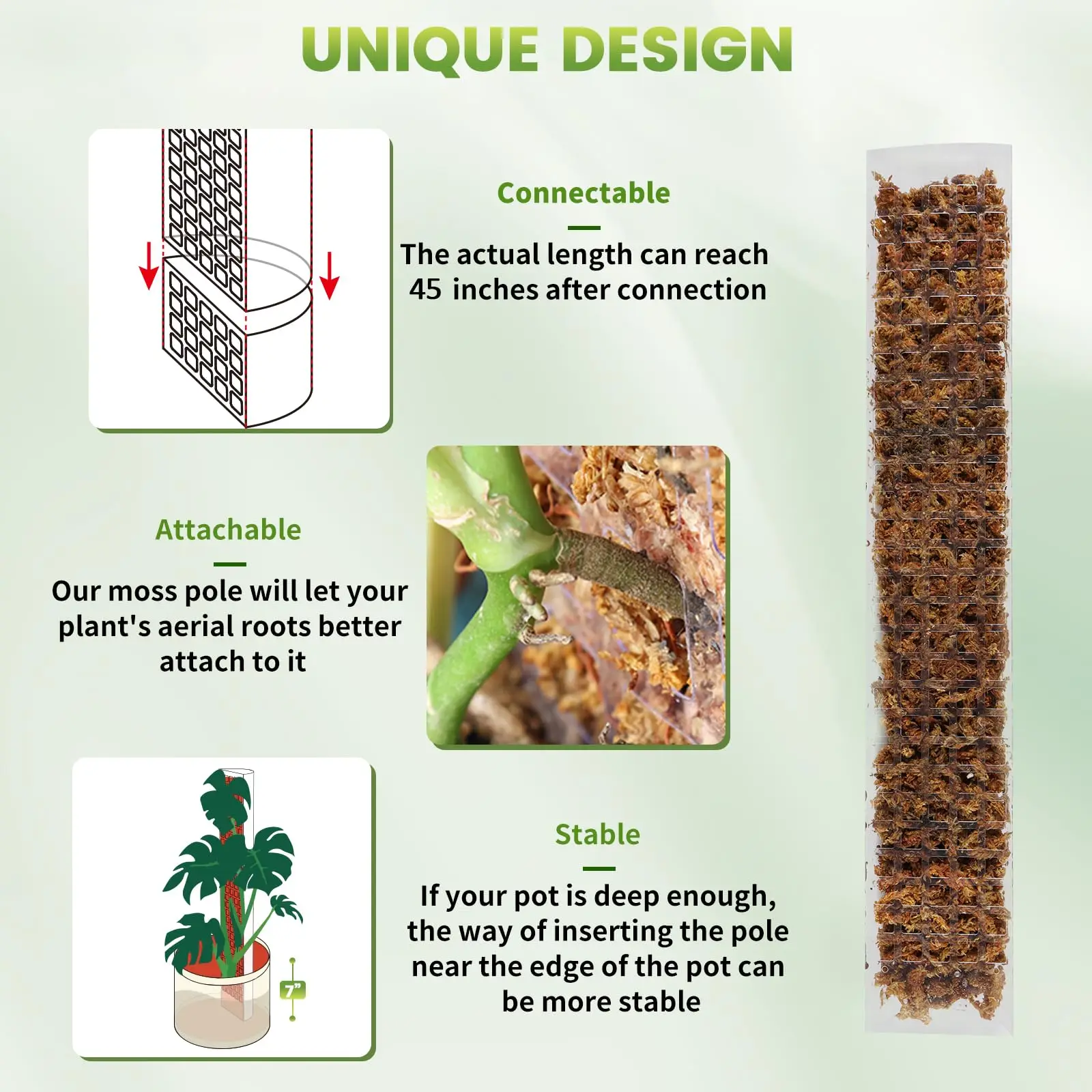 Columna de musgo de agua para plantas trepadoras de 24/36/48 pulgadas, poste de musgo de plástico para interiores, soporte de esfagnum, palos de plantas en macetas, jardín de crecimiento