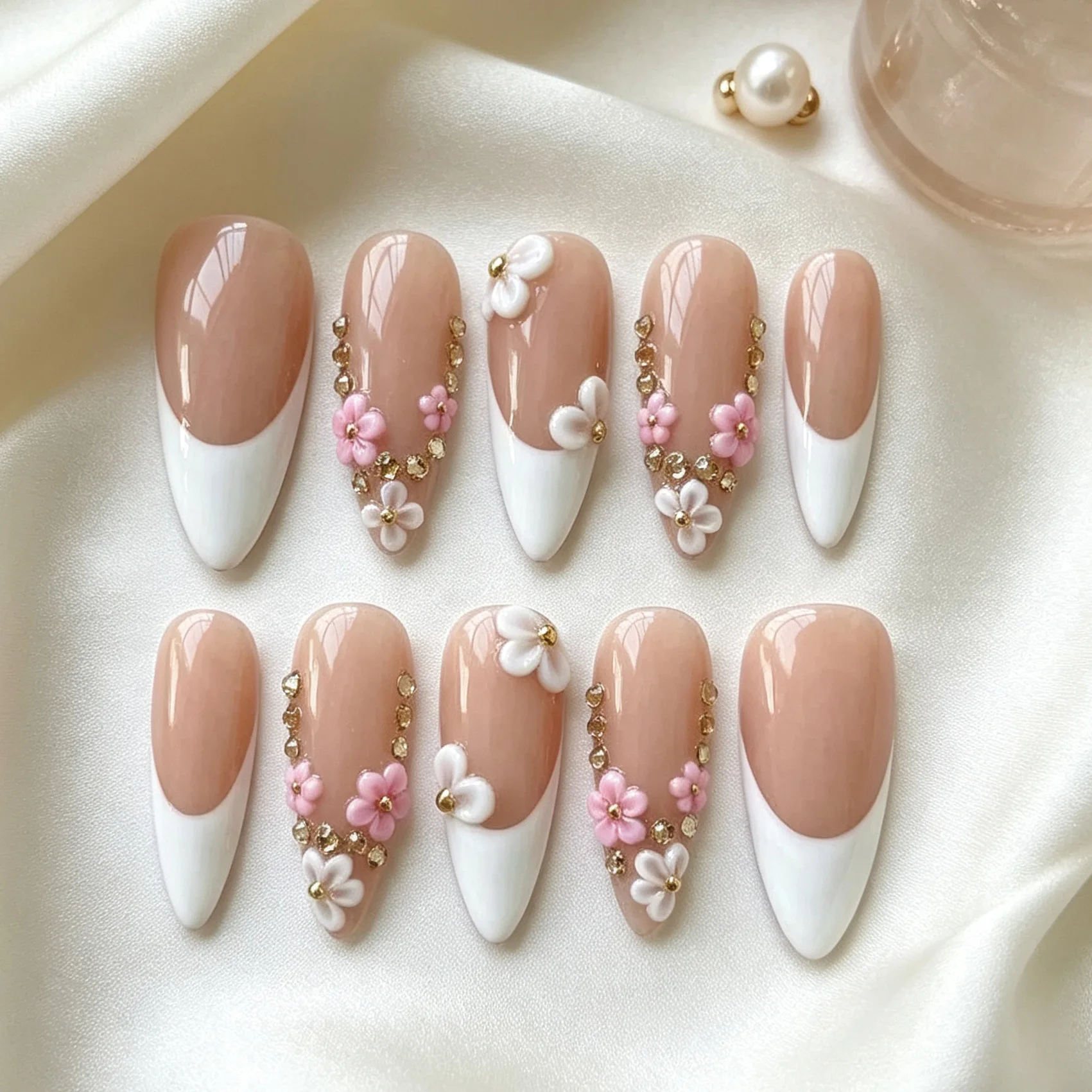10 Uñas Postizas Hechas a Mano con Base Nude, Diseño 3D de Flores Rosas y Blancas con Pedrería, Uñas Postizas Largas Stiletto para Mujeres y Niñas