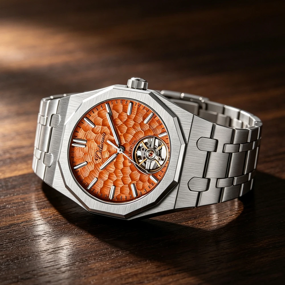 Reloj mecánico automático para hombre, esfera naranja, Tourbillon esqueleto, reloj de pulsera octogonal de acero inoxidable, reloj de lujo resistente al agua