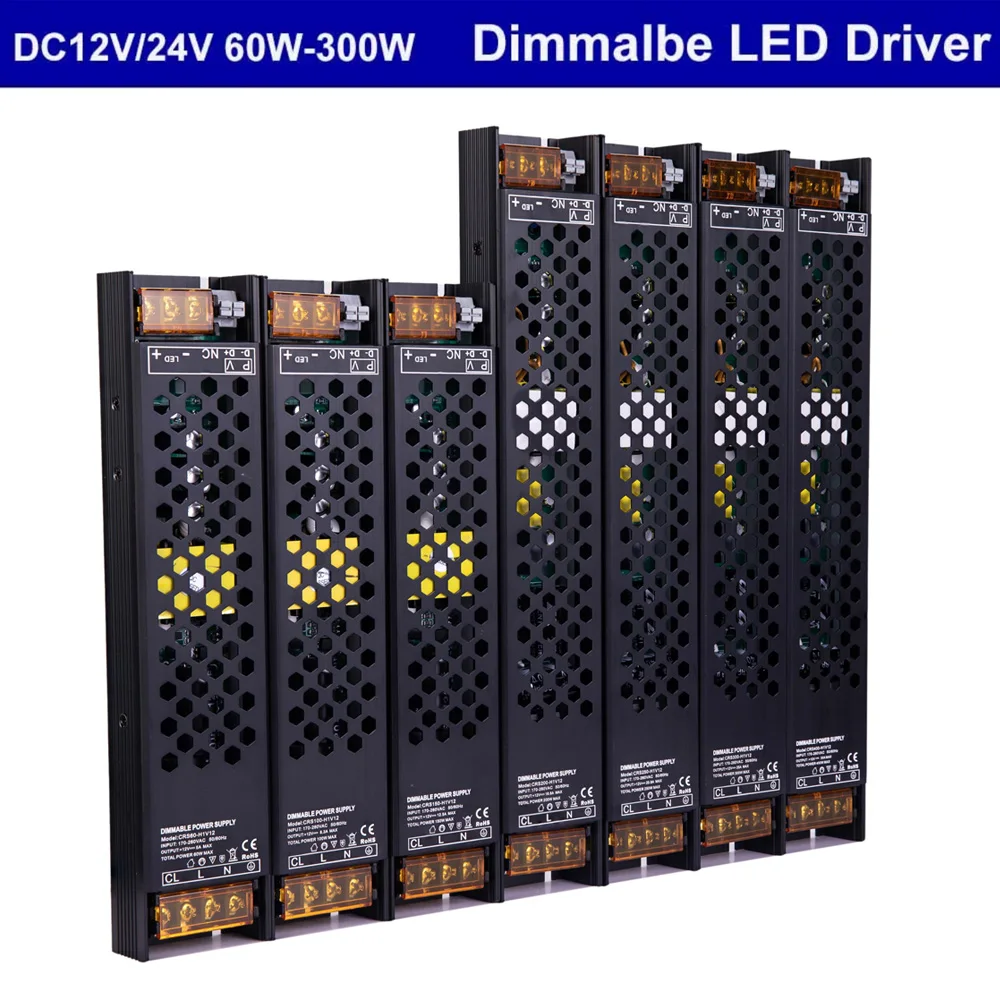 DC12V/24V 60W 100W 150W 200W 250W 300W Controlador LED regulable Triac de aluminio y fuente de alimentación de atenuación de 0-10V transformador de iluminación