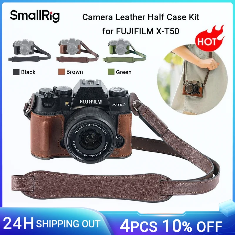 SmallRig-Kit de media Funda de cuero para cámara de X-T50, para FUJIFILM X-T50, estilo Retro, con correa para el hombro (negro/marrón/verde) -4710