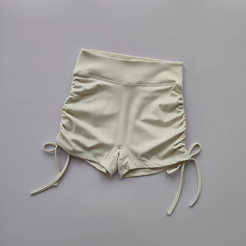 Pantalones cortos deportivos sexis de cintura alta con correas con cordón, pantalones de tres piezas para correr de secado rápido, pantalones deportivos para glúteos color melocotón para mujer
