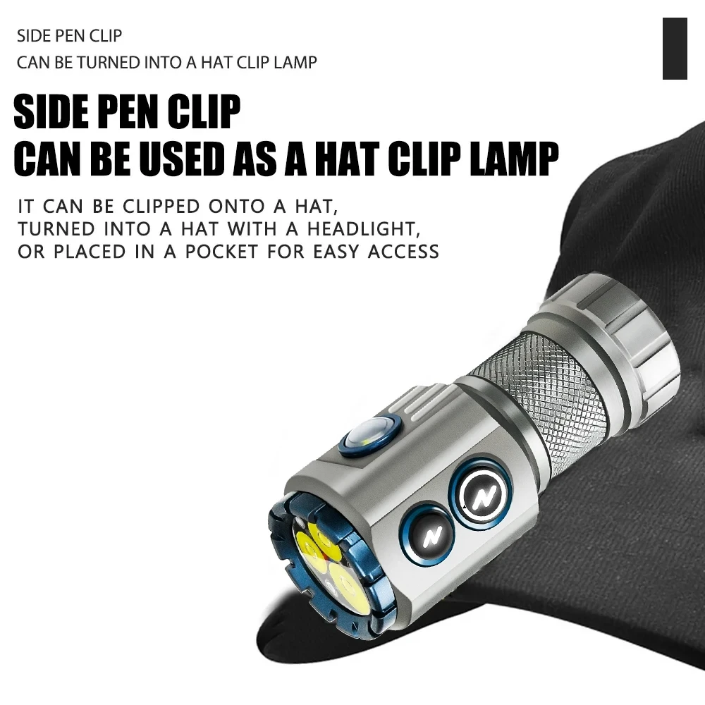 Potente linterna EDC de 2000LM tipo c, linterna LED portátil recargable, lámpara lateral RGB con imán trasero para acampar y hacer senderismo