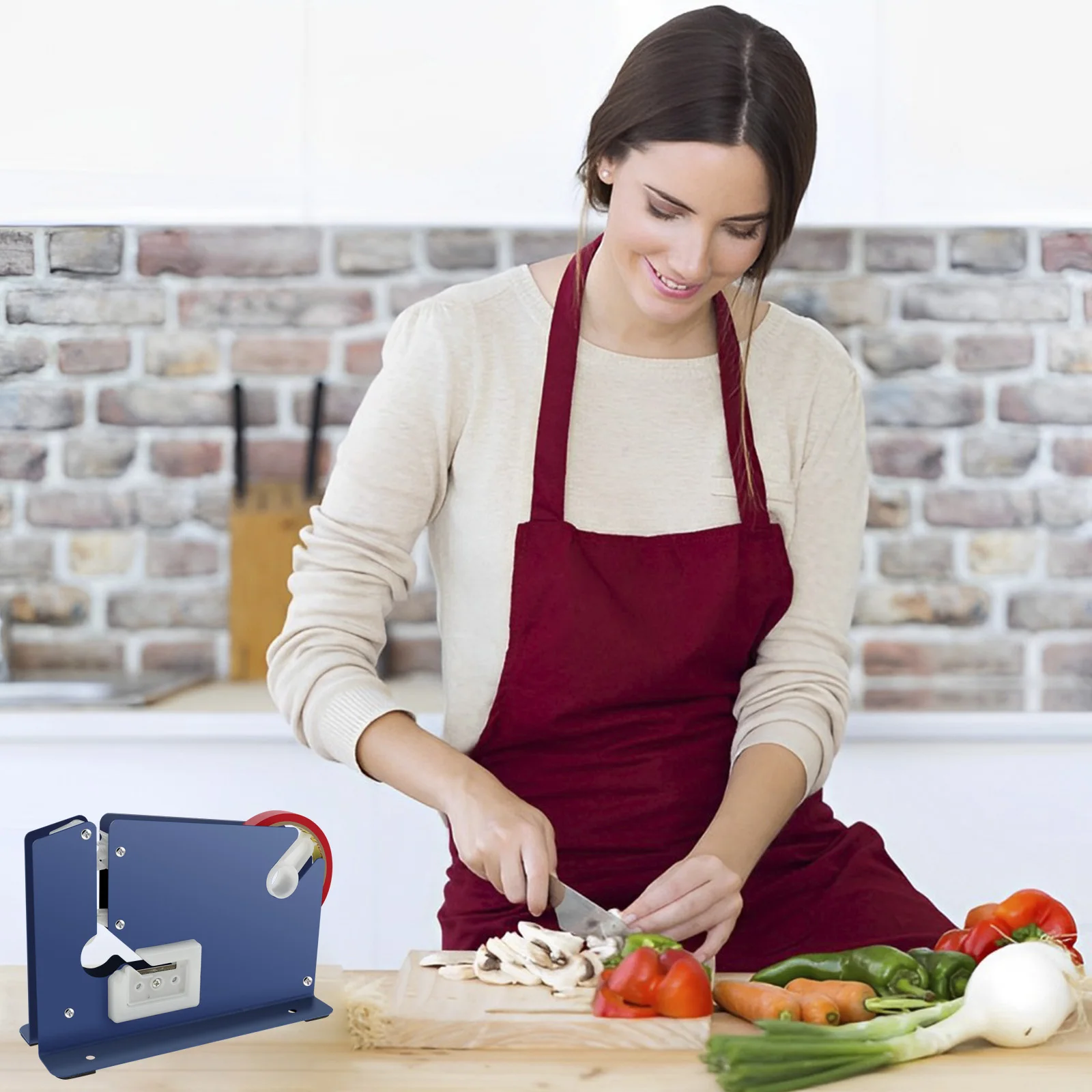 Sellador de bolsas de Metal con cinta de sellado de 7 bolsas, dispensador cónico Manual con cortador de recortadora, antideslizante, bolsa de tienda de supermercado