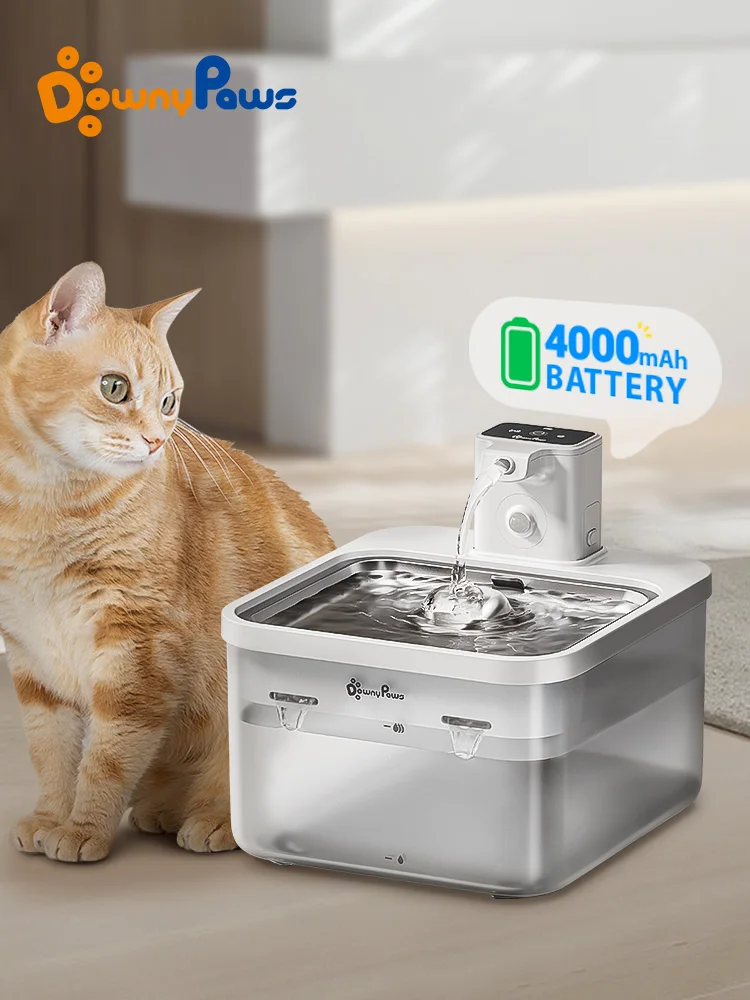 DownyPaws-fuente de agua automática de acero inoxidable para gatos, dispensador 2 en 1 de 2,5l, 4000mAh, inalámbrico, bebedero para mascotas, batería y Sensor