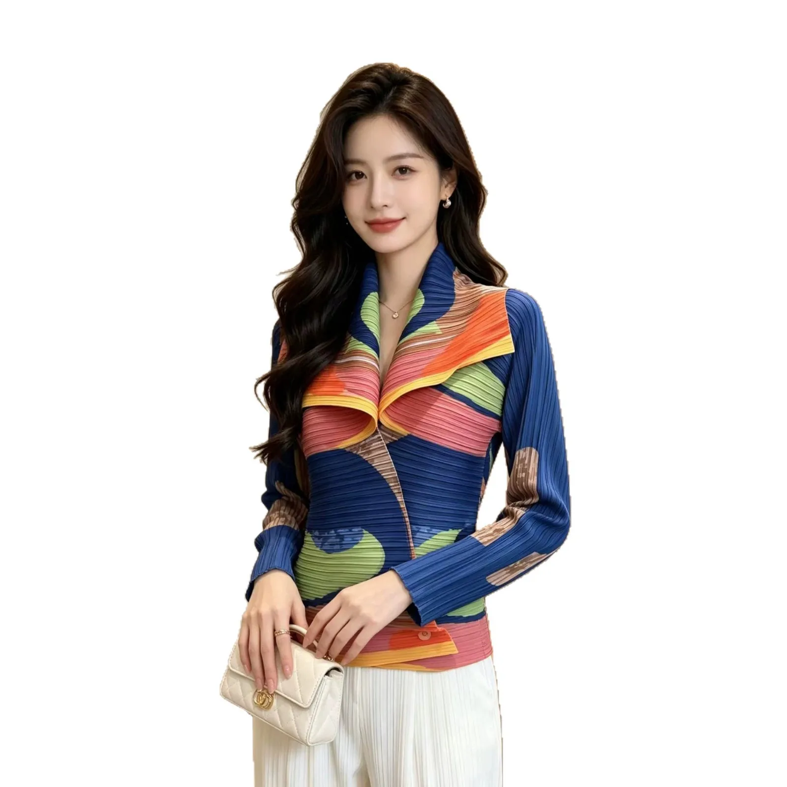 Camisa Plisada con Estampado de Dibujos Animados Miyake para Mujer, Cuello Solapa, Manga Larga, Cierre de Botón, Top de Moda, Cárdigan, Nueva Colección 2026