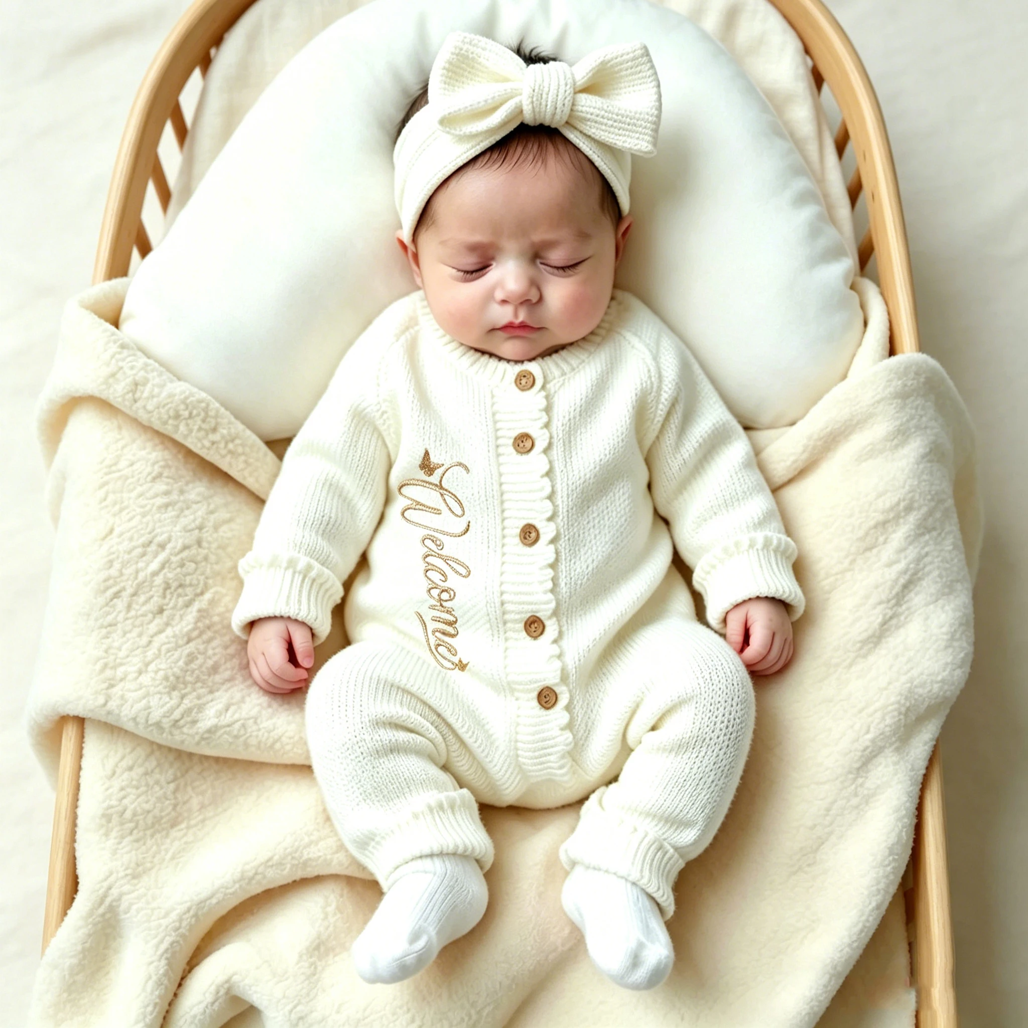 Ylsteed Conjunto de 2 piezas de punto para recién nacido con diadema con lazo, pelele bordado de bienvenida para bebé para sesión de fotos y uso diario de 0 a 3 meses