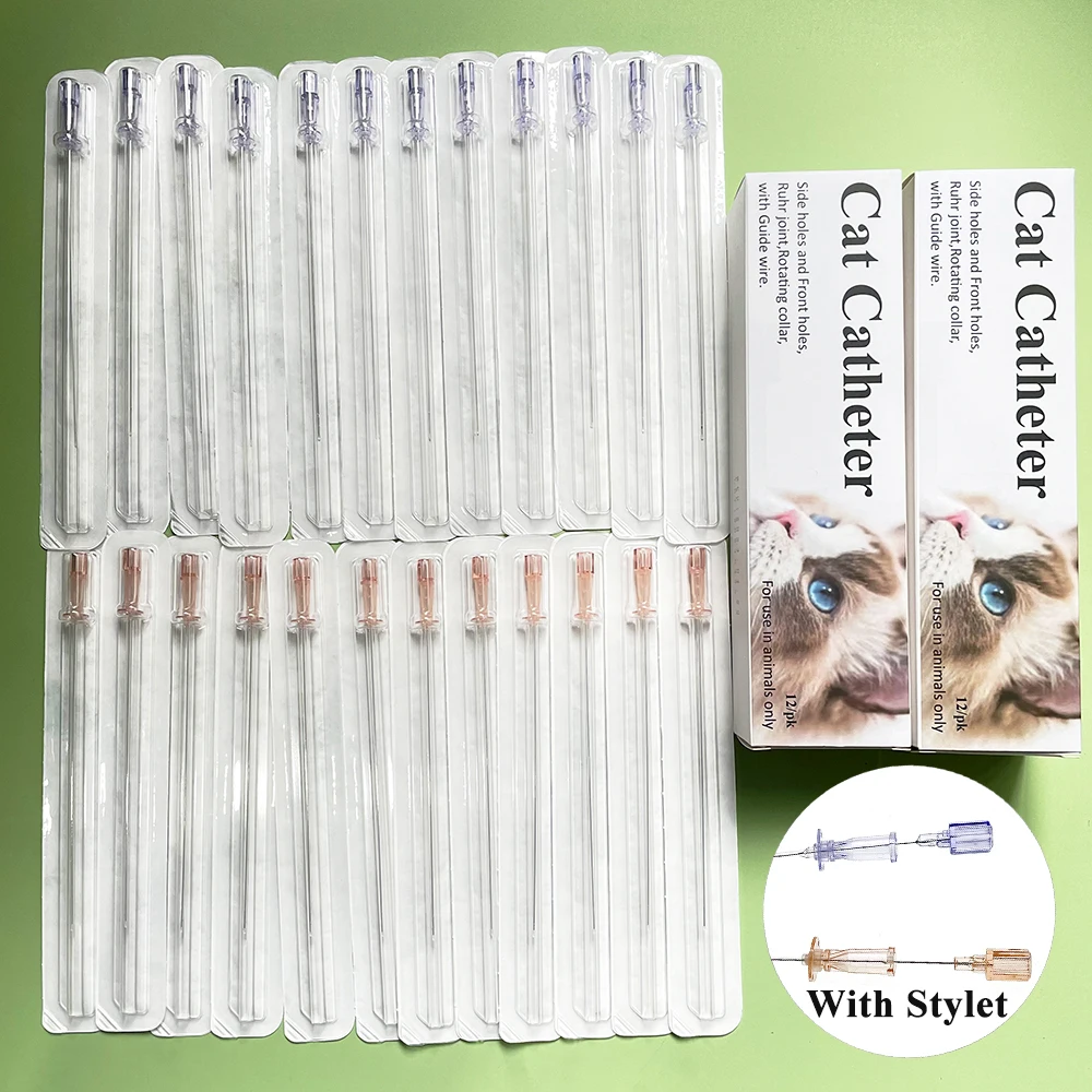Catéter felino para mascotas, bloqueo de Luer con estilete, retención de apertura lateral, alivio del lavado de la vejiga, tratamiento FLUTD, 12 unids/lote por caja