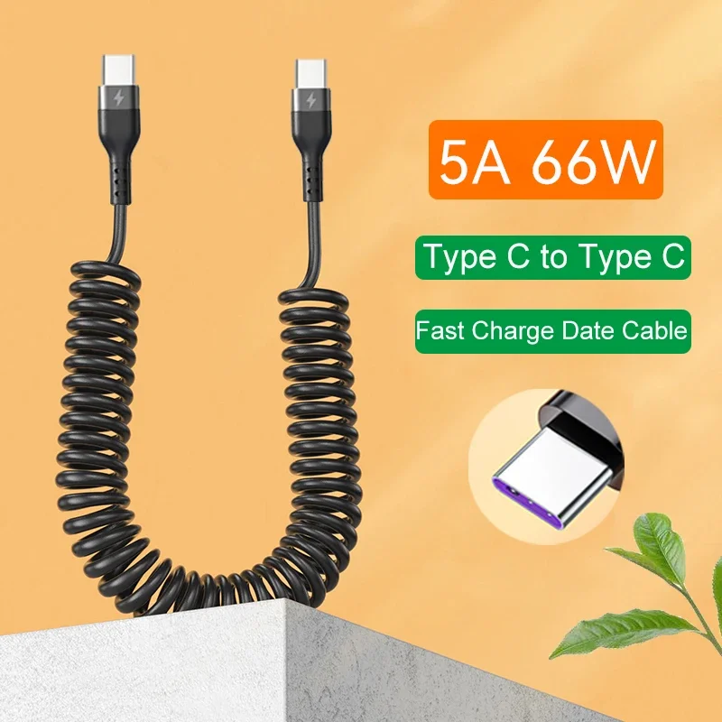 USB tipo C 66W coche 5A carga rápida tipo C a tipo C Cable telescópico de resorte para iPhone 15 Samsung Huawei Xiaomi Redmi OnePlus