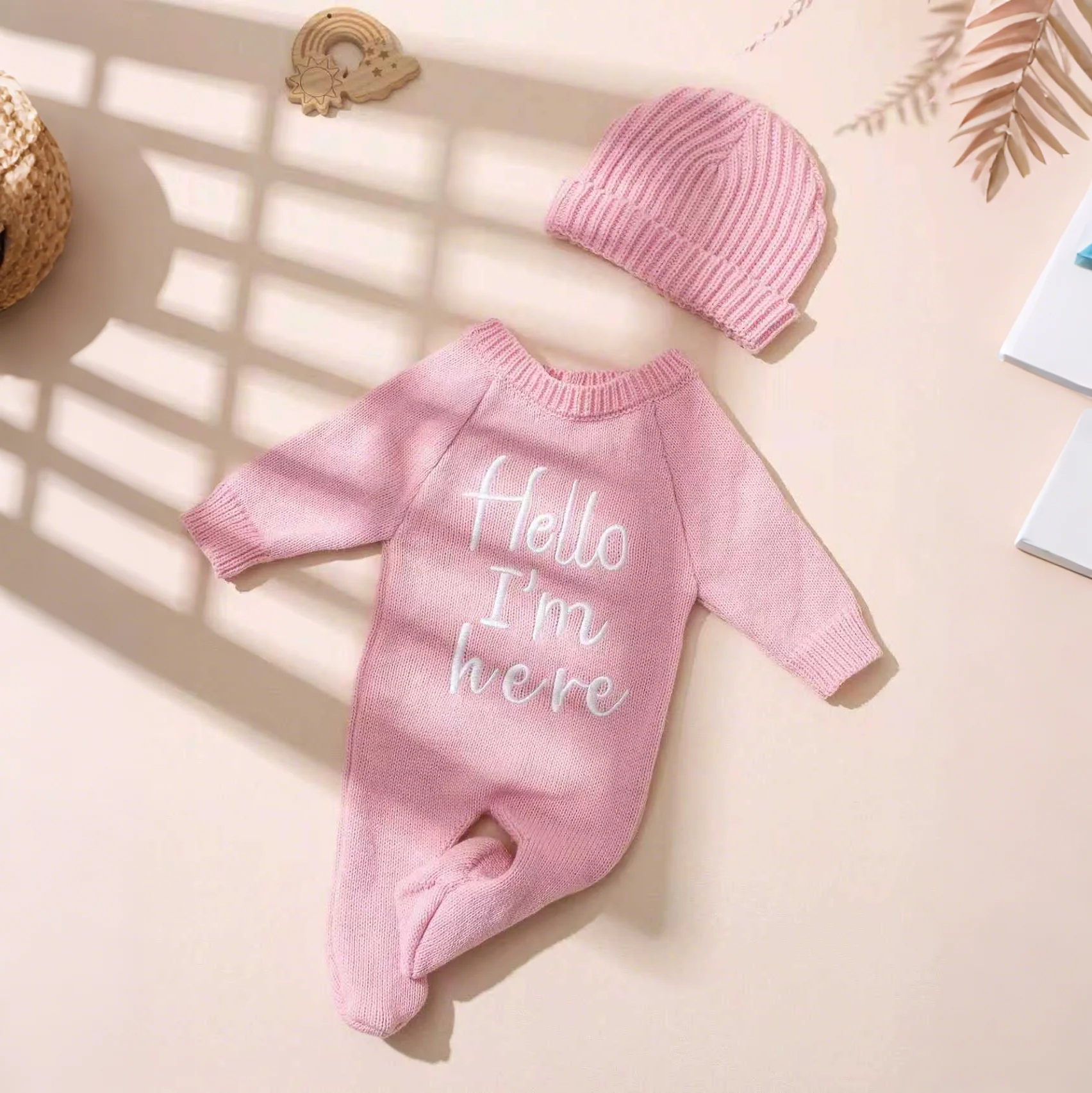 Ylsteed "Hola" bordado tejido recién nacido anuncio de nacimiento trajes mono con zona para bebé niño niña accesorios de fotografía recién nacido