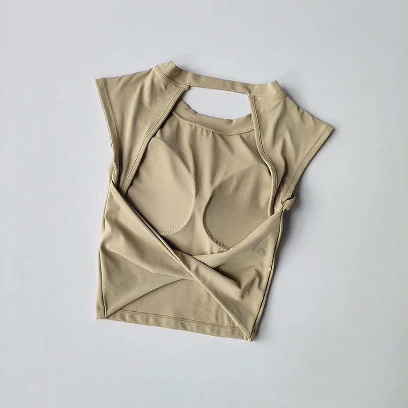 Camiseta deportiva con almohadilla fija para el pecho para mujer, chaleco Sexy corto con espalda descubierta, traje de Yoga adelgazante de secado rápido, ropa superior
