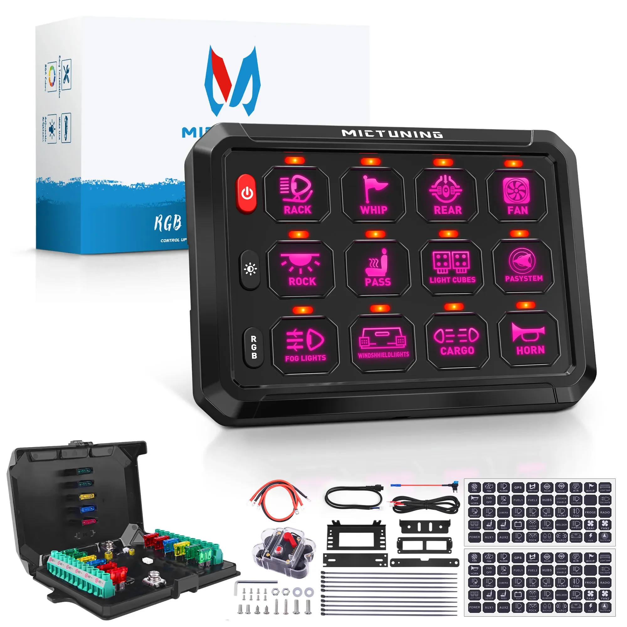 Mictuning-Panel de interruptor RGB de 8/12 entradas, barra de luz Led de trabajo, controlador de caja de interruptores para coches universales, camiones, barcos, UTV, 4X4, 4WD