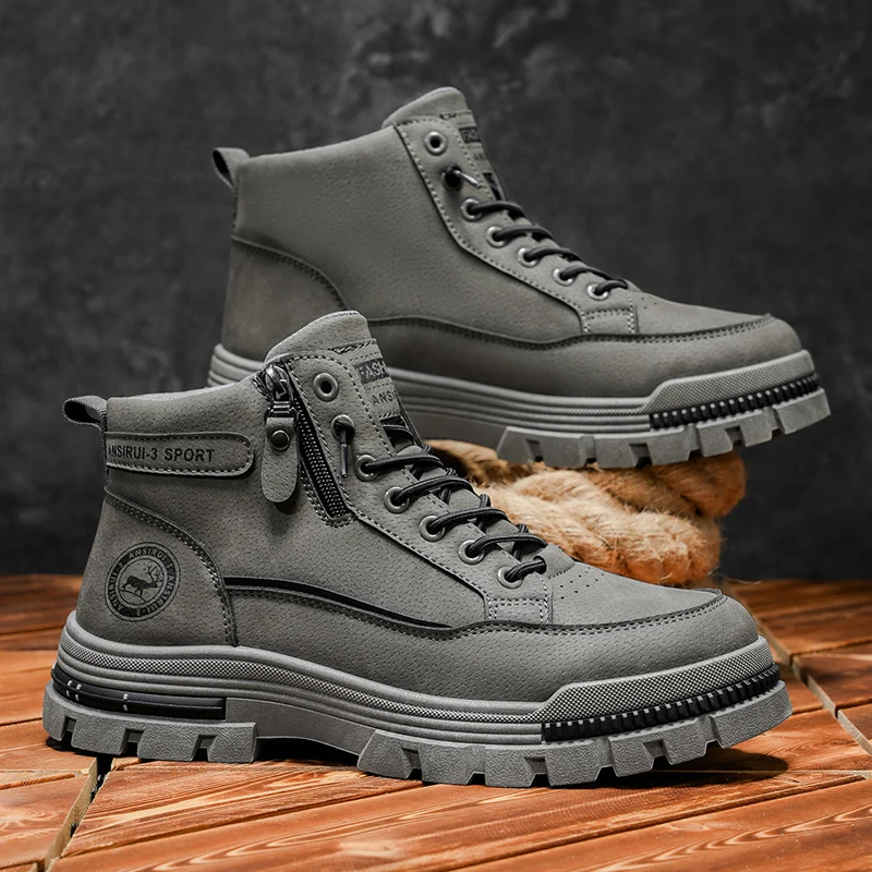 2025 A/W Nuevas botas de trabajo al aire libre de caña media alta para hombres - con cremallera, estilo de montañismo deportivo informal para senderismo