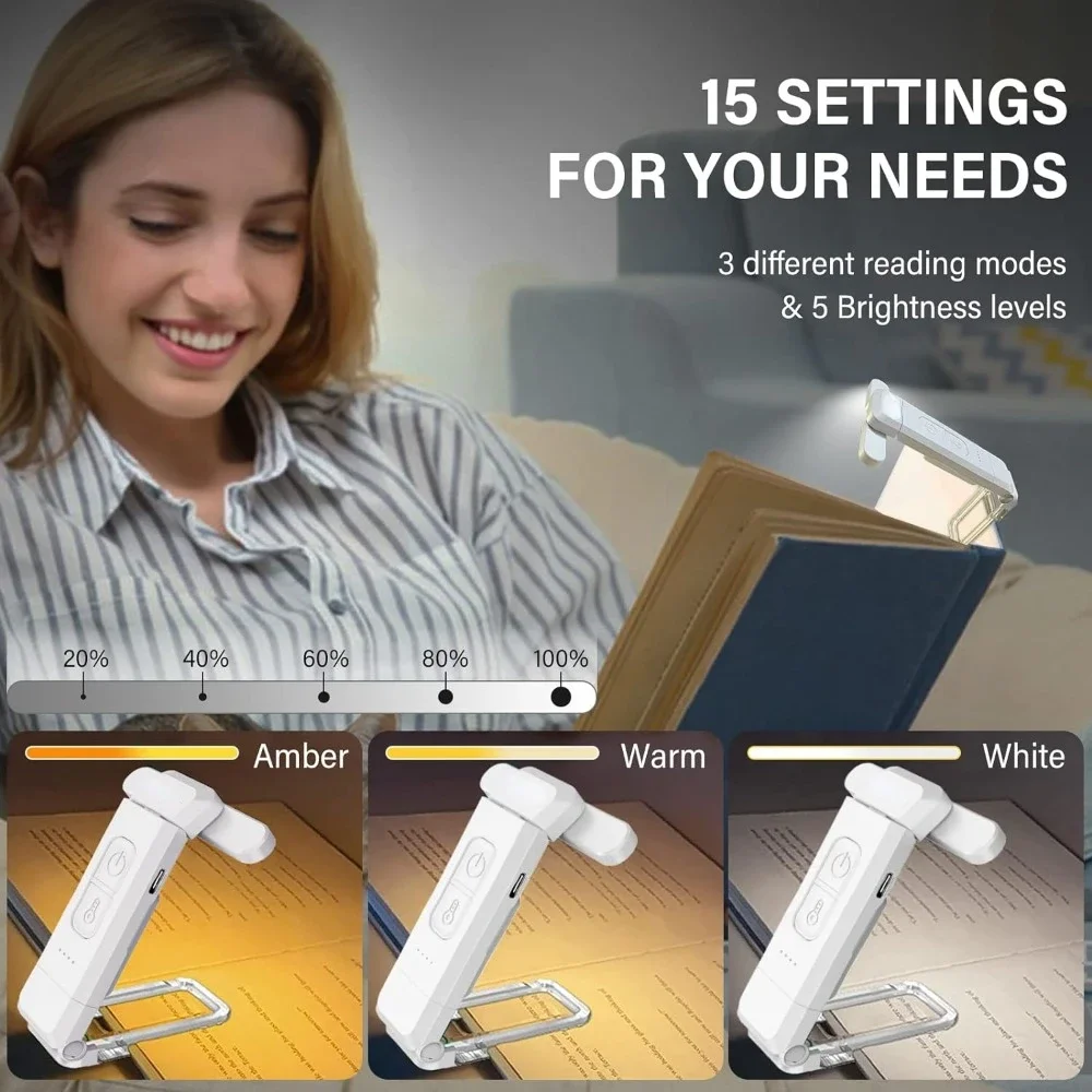 Luz de lectura, luz de libro recargable por USB para leer por la noche en la cama, luz de marcapáginas portátil con clip LED para leer en la cama