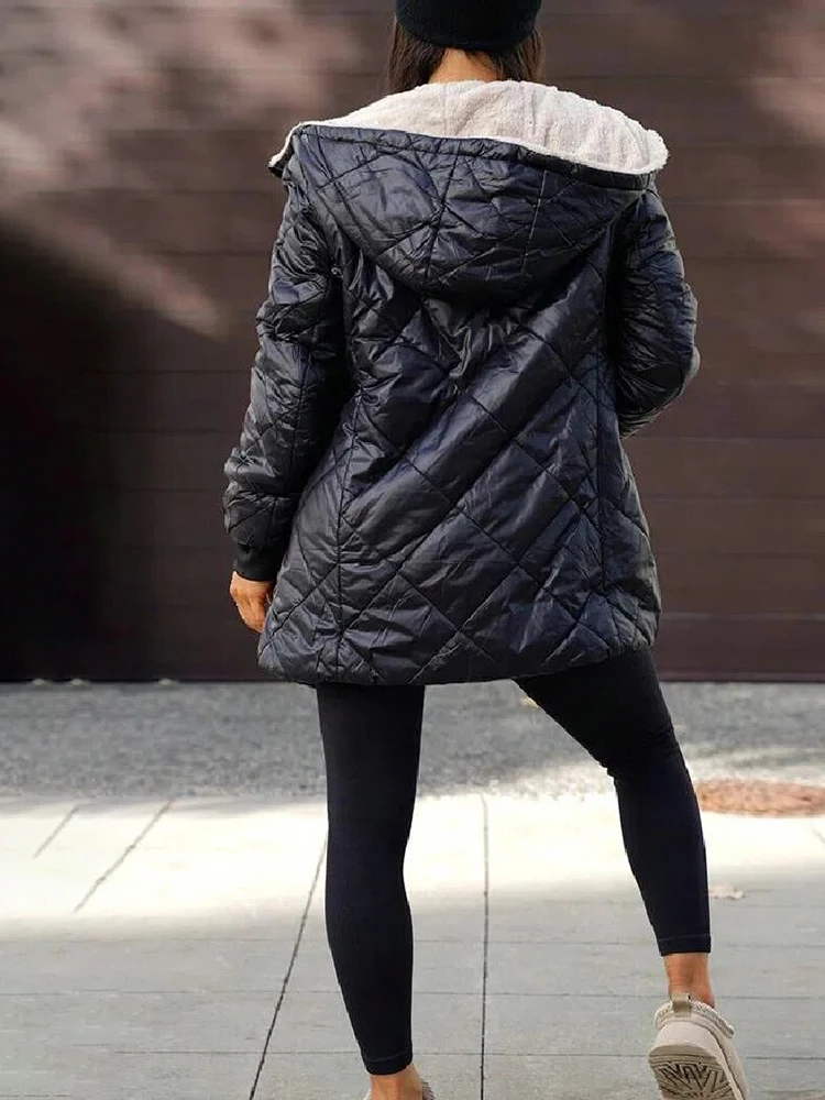 Abrigo acolchado con capucha y forro polar para mujer, chaqueta tipo puffer con diseño de rombos, forro cálido de sherpa, cierre de cremallera, longitud media, parka de invierno.
