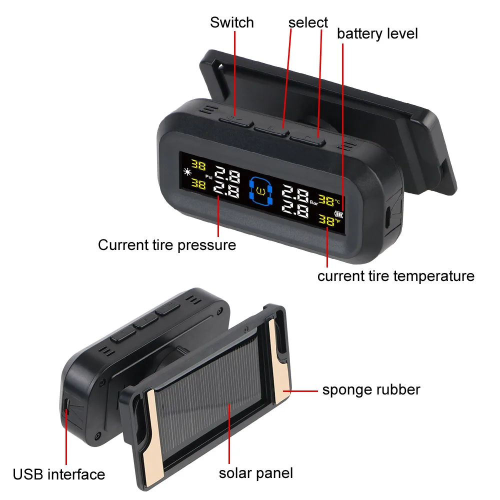 Monitor de presión de neumáticos de coche, sistema de supervisión de presión de neumáticos, advertencia de temperatura, ahorro de combustible, TPMS Solar con 4 sensores externos