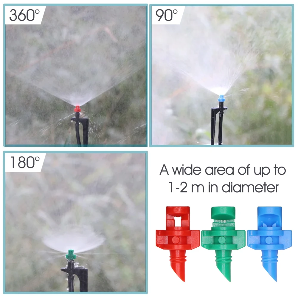 Boquilla de nebulización de 90/180/360 grados, aspersor de estaca de 13cm para manguera de 1/4 ", aspersor de riego de jardín, rociador agrícola de riego por goteo