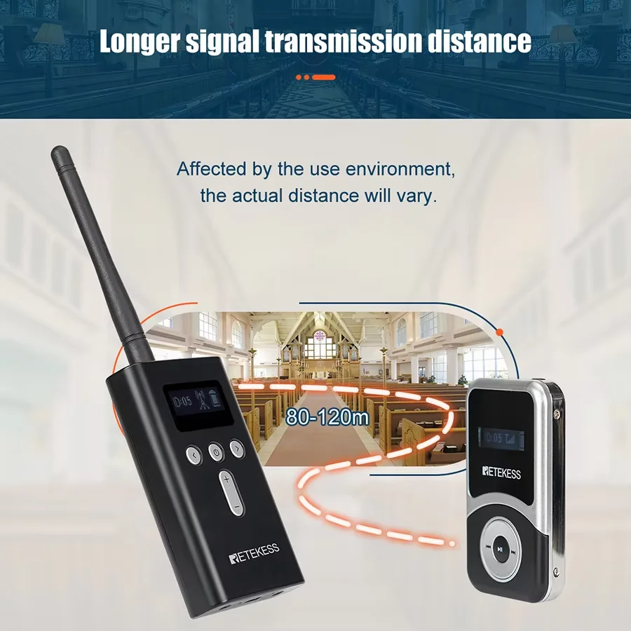 Retekess T130S Sistema de guía turística Guía de audio, micrófono T130 de segunda generación Transmisor de larga espera Receptores Guía de radio para entrenamiento turístico