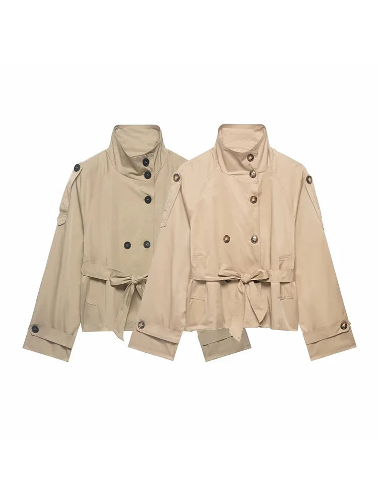 Abrigos cortos tipo trench para mujer, conjunto de otoño para mujer, abrigos de doble botonadura con cuello alto, chaquetas vintage informales para dama