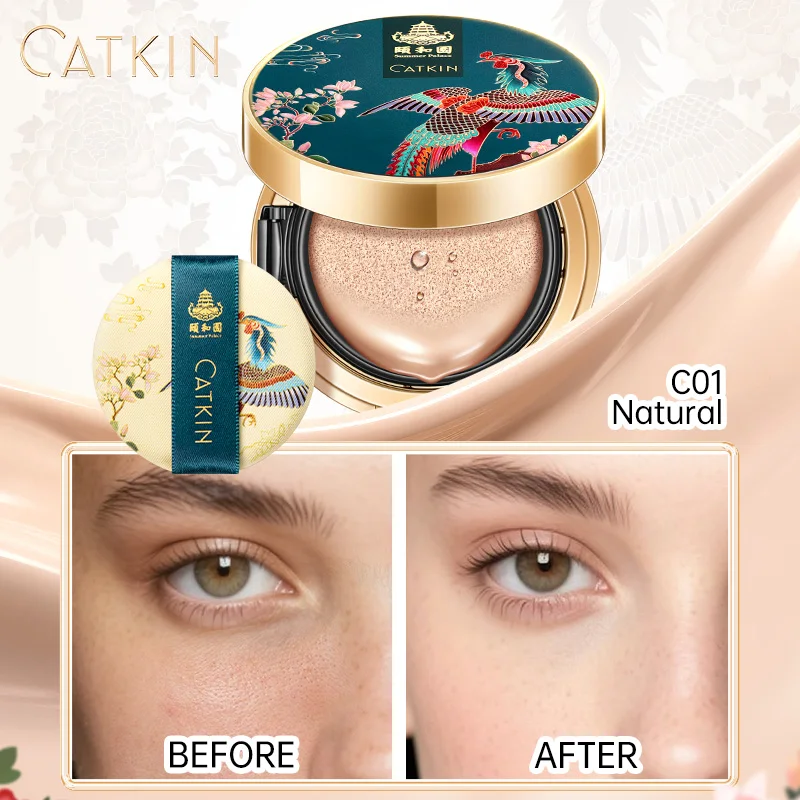 CATKIN BB Cream Air Cushion Foundation Corrector de cobertura natural contra la humedad + Recambio gratis Mediano/Ligero 0,46 onzas