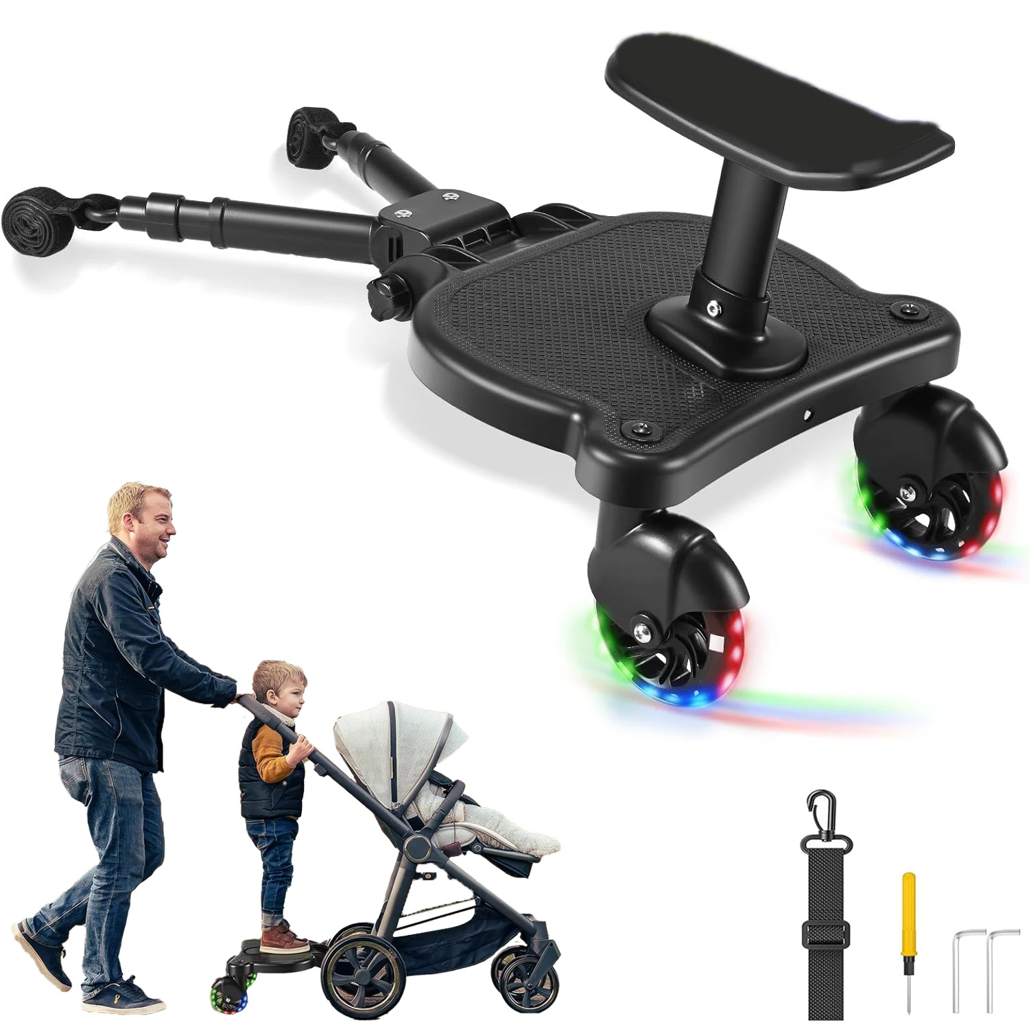 Plataforma Universal para Cochecito con Asiento, Adaptador de Plataforma para Cochecitos, Plataforma para Niños con Ruedas LED, Soporta hasta 55 Libras