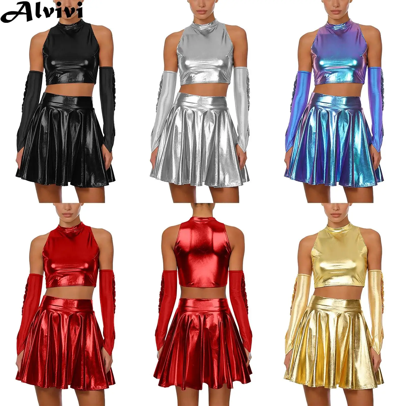 Traje de Danza Hip Hop y Jazz para Mujer, Chaleco Corto Metálico Brillante con Falda, Guantes con Lentejuelas y Flecos, Atuendo de Animadora, Ropa de Baile, Ropa de Club