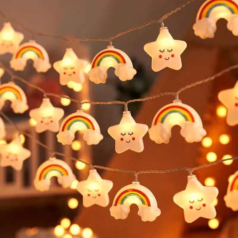 Guirnalda de Luces LED de 1.5M/10 LED con Forma de Estrella Arcoíris, Funciona con Pilas, para Habitación Infantil, Puesto de Mercado Nocturno, Decoración Festiva