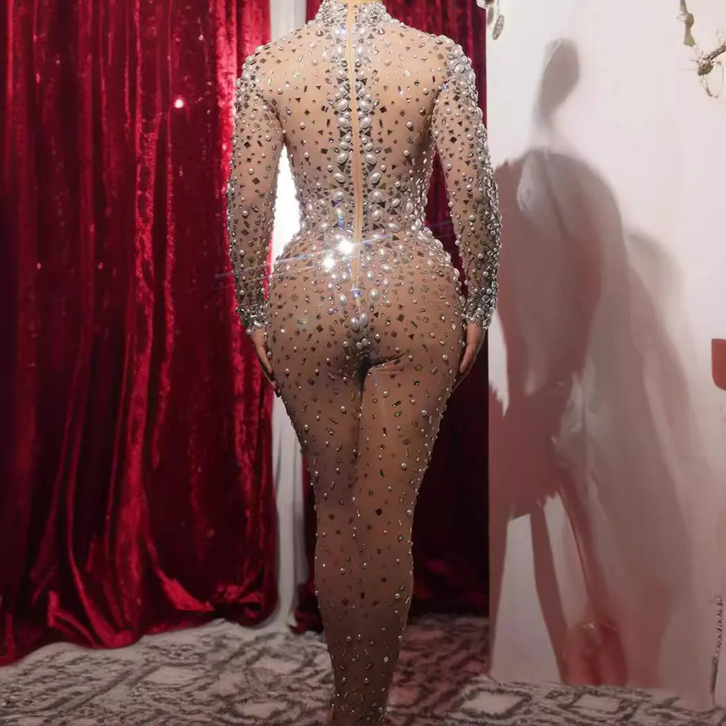 Mono ajustado elástico con perlas brillantes para mujer, mono sexy de tono de piel, diamante, fiesta, Bar, club nocturno, DJ, Cantante Femenina, ropa de rendimiento de escenario
