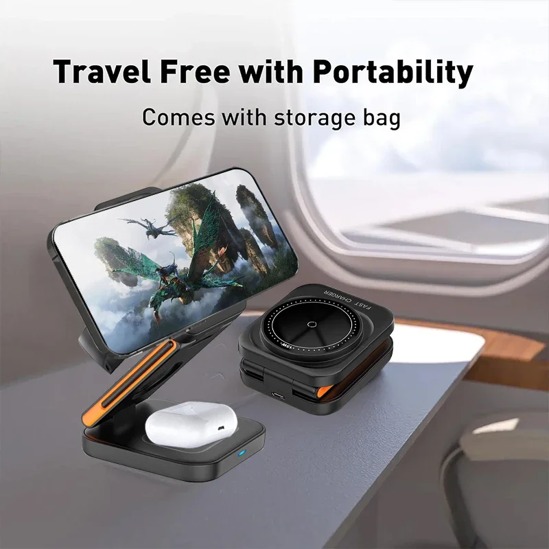 Estación de Carga Plegable 3 en 1, Cargador Inalámbrico Magnético Rápido para iPhone 17 16 15 14 13 12, Apple Watch 8 7 6, Airpods Pro