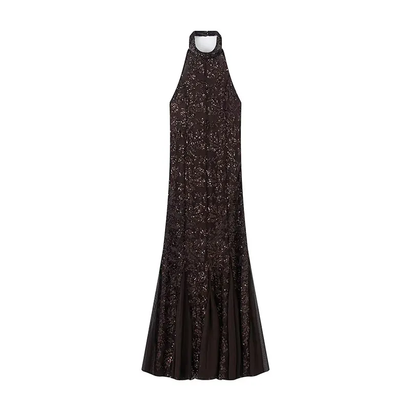 Nlzgmsj 2026 Vestido Largo Sexy de Primavera con Lentejuelas para Mujer, Vestido Elegante de Fiesta con Cuello Halter y Espalda Descubierta