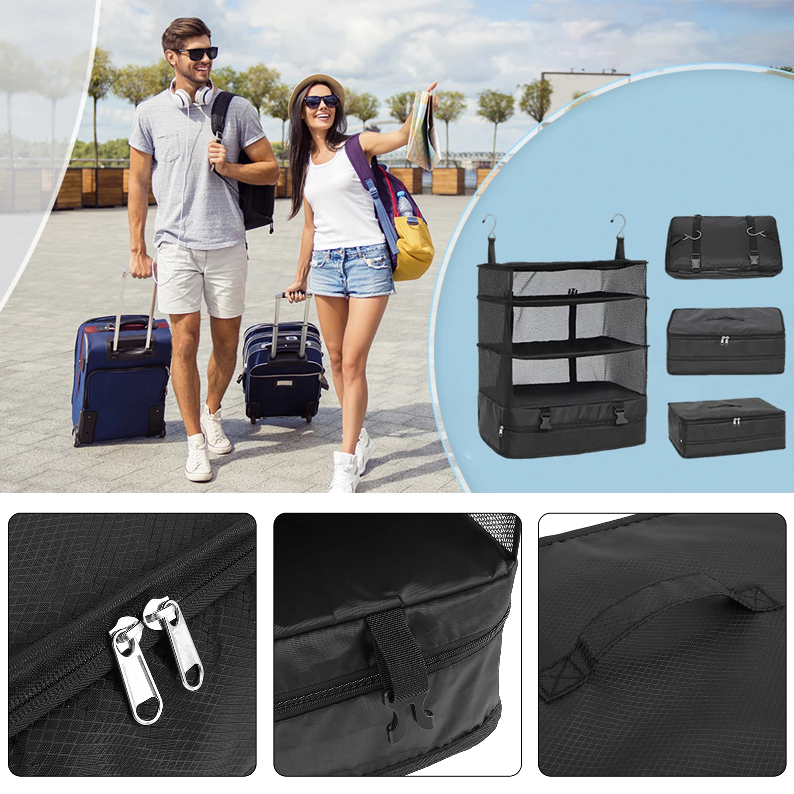 Organizador de equipaje de viaje, estantes de viaje portátiles, bolsa de maleta de 3 estantes, cubo de embalaje, bolsa de almacenamiento de armario colgante plegable, espacio