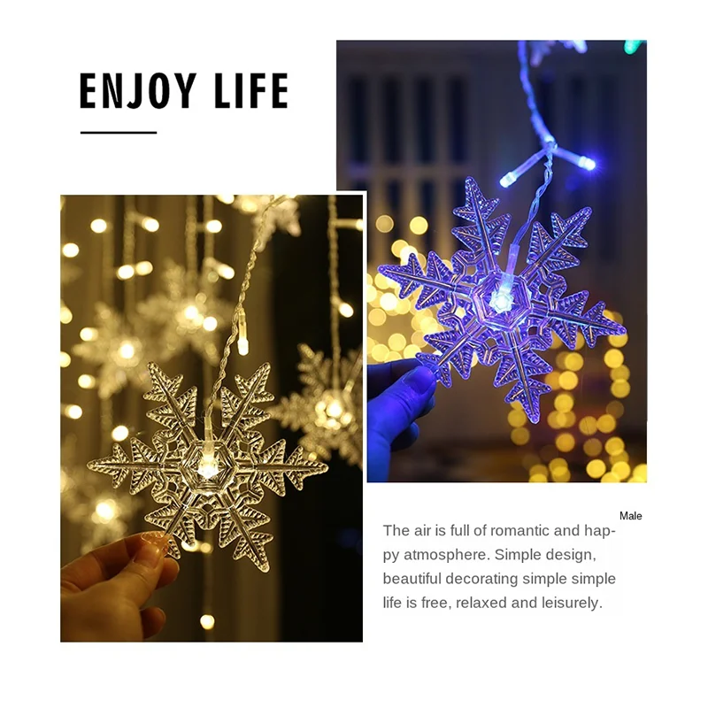Guirnalda de luces LED con copos de nieve de Navidad, 3,2 M, luces de cortina de hadas intermitentes, impermeables para fiestas, bodas, decoración navideña