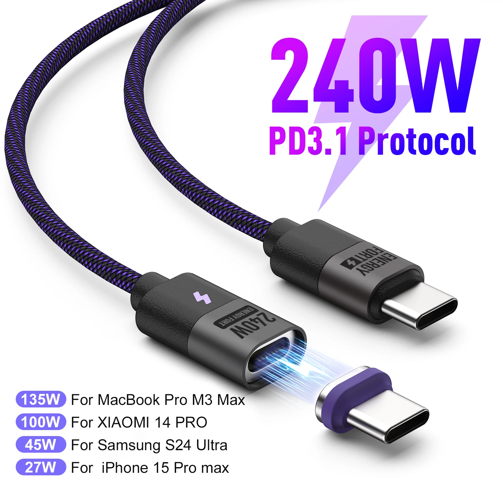 Cable de carga rápida magnético PD3.1 de 240W, Cable cargador tipo C con 3 enchufes, Cable de nailon E-Marker de 5A para teléfonos, tabletas y portátiles