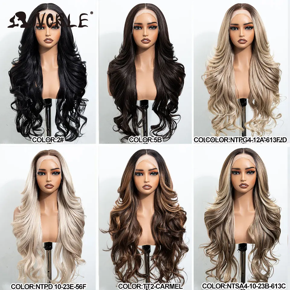 Peluca sintética de 28 pulgadas con ondas corporales, color marrón, con encaje frontal 13x4, parte media, resistente al calor, para mujeres, uso diario y fiestas.