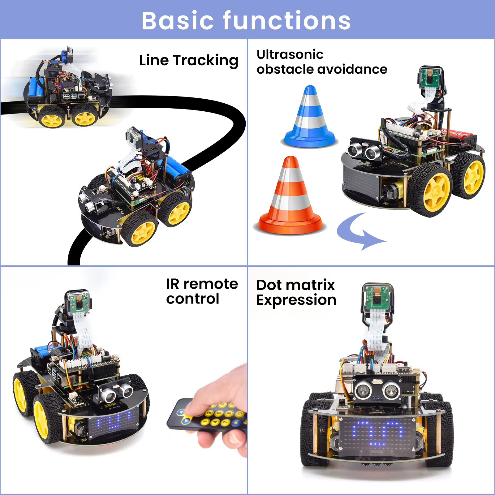 Kit de coche Robot inteligente Keyestudio 4WD para Raspberry Pi con módulo de cámara megapíxeles y tutoriales de programación (sin placa RPI 4B)