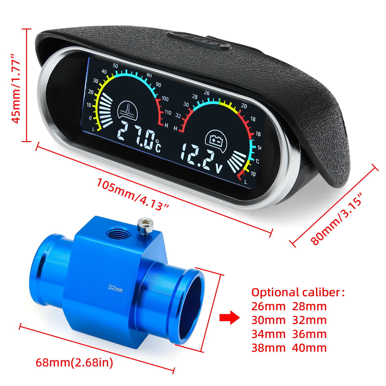 Medidor Digital de temperatura del agua de 12V y 24V + Sensor de temperatura del agua de voltios, cabezal de enchufe, Sensor de tubo de junta, adaptador de manguera de radiador 1/8NPT