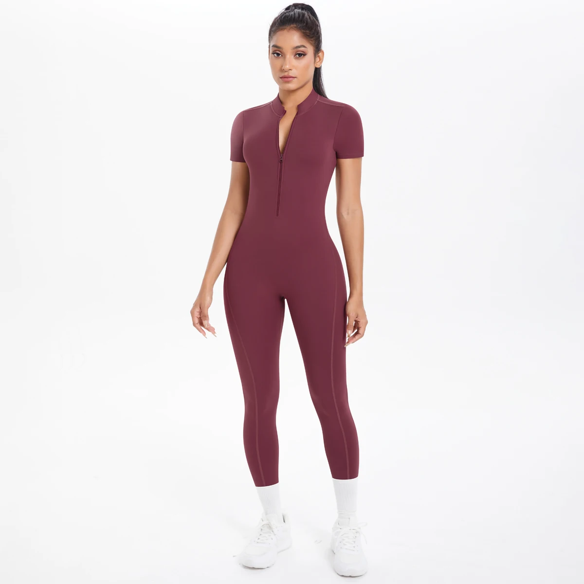 Mono deportivo de manga corta para mujer, monos con espalda descubierta de Color sólido, traje de una pieza con media cremallera, conjuntos de Yoga para gimnasio para mujer