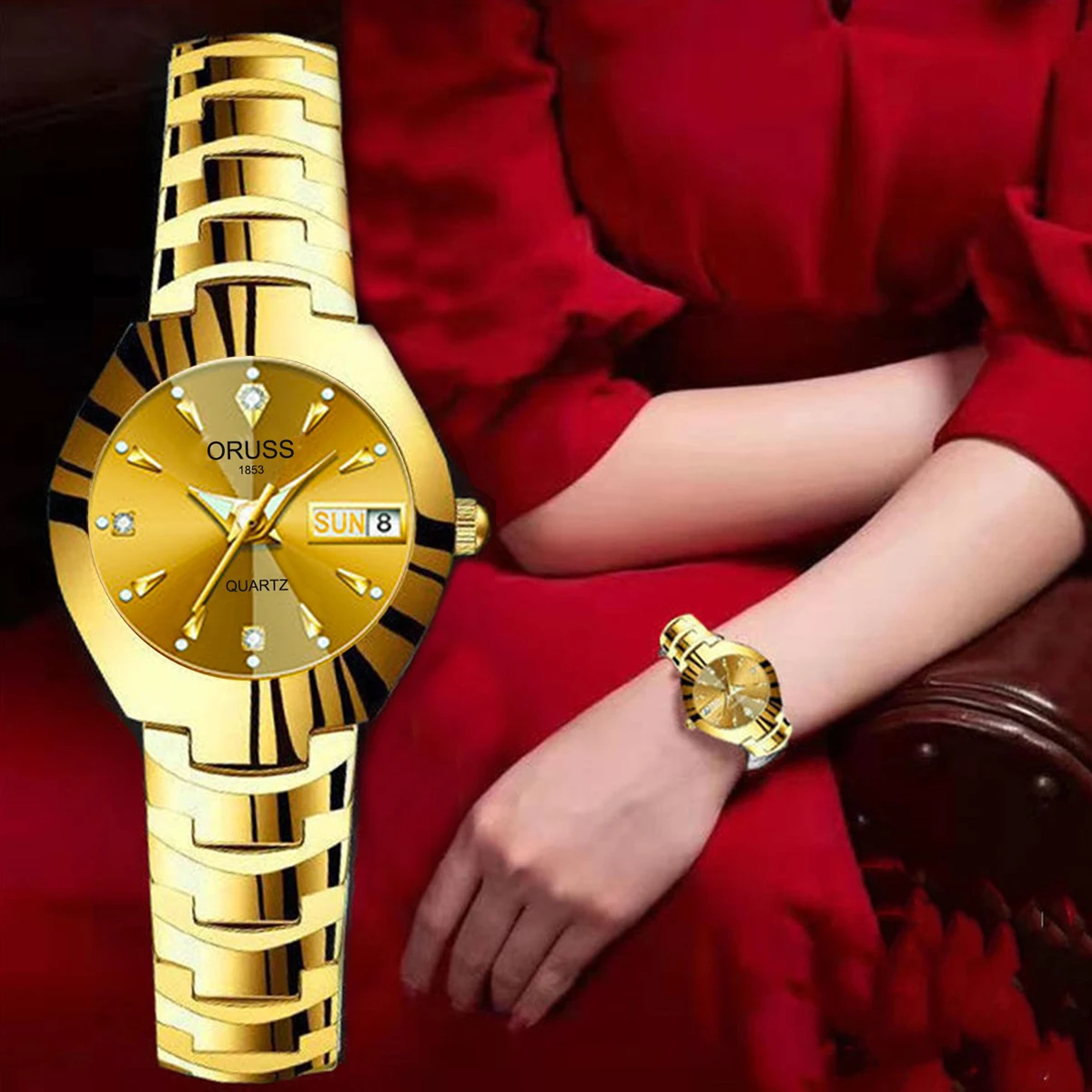Reloj ORUSS de marca novedosa para mujer, reloj de cuarzo elegante de acero inoxidable resistente al agua con puntero luminoso y calendario semanal para mujer