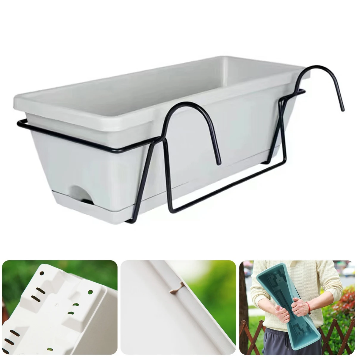 1 Juego de macetero de flores y verduras para balcón con bandeja y estante de plástico para jardín, maceta larga colgante Rectangular Simple para flores