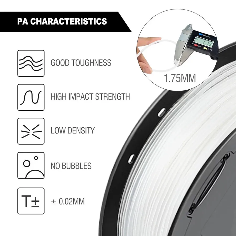 Filamento de nailon PA6, 1,75mm, 1kg, 250g, Material 3D, filamento de nailon de alta dureza, poliamida, negro, blanco, transparente, apto para la mayoría de las impresoras 3D FDM