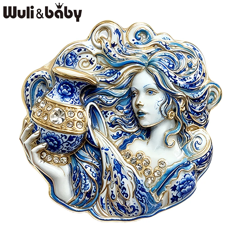 Wuli&baby Broches encantadores de dama de Acuario para mujer, unisex, de 2 colores, con diamantes de imitación, signo del zodíaco, personaje, fiesta, oficina, broche, regalo