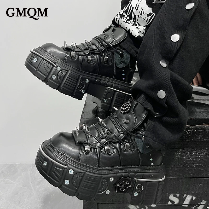 GMQM 2025, botines de plataforma plana para mujer, estilo Rock Punk, zapatillas de deporte negras de tacón alto, botines de suela gruesa con punta redonda, decoración de Metal Y2k