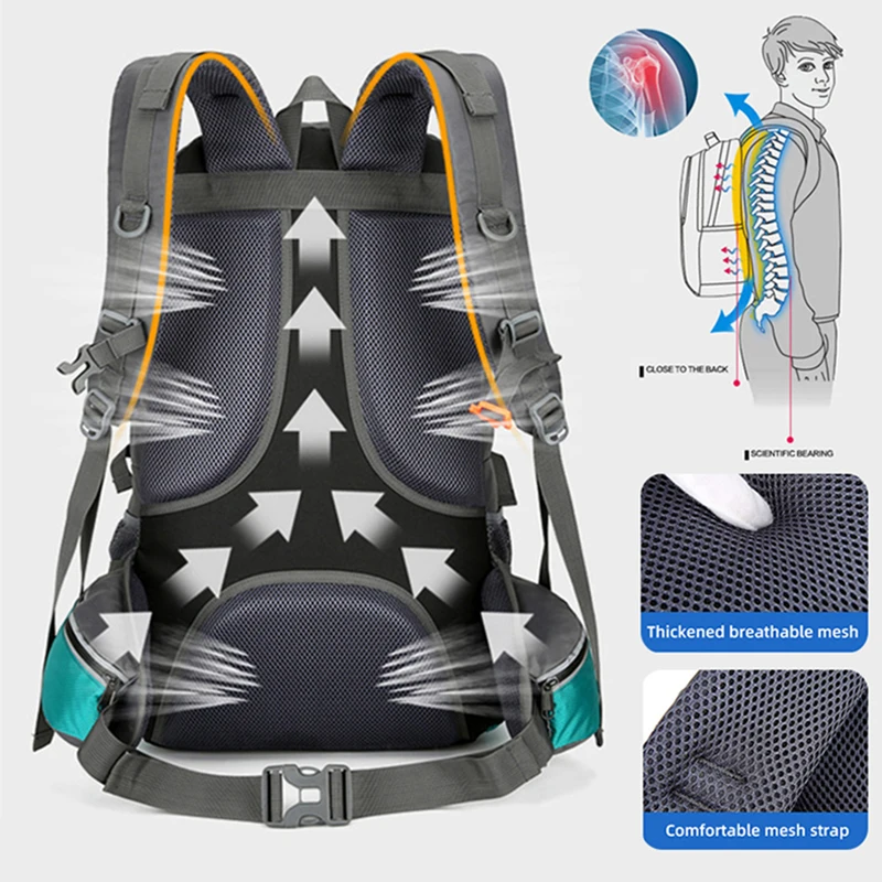 Mochila de nailon de 50L, bolsa para acampar, deporte al aire libre, senderismo, escalada, viaje, hombro, zapatos reflectantes, equipaje, bolsa para hombre al aire libre