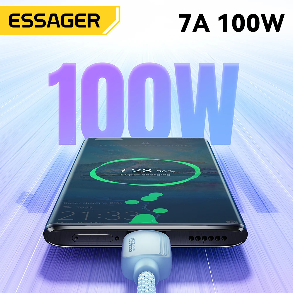 Cable Essager 7A USB tipo C para Realme Huawei Mate60 100W PD Cable de carga rápida para Samsung Oneplus Xiaomi Cable cargador USB-A
