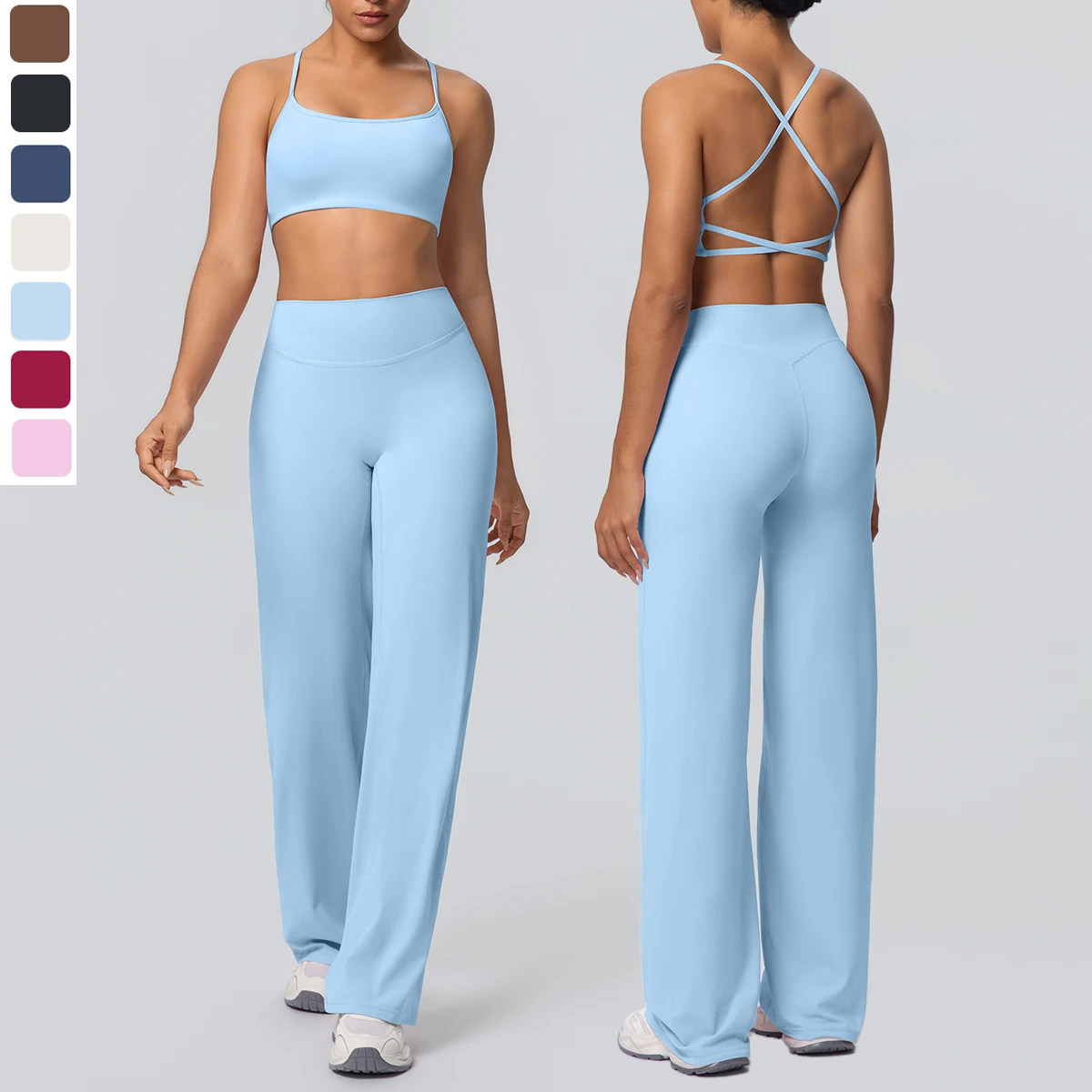 Traje de Yoga deportivo para gimnasio para mujer, ropa interior Sexy de espalda bonita con almohadilla para el pecho, pantalones de pierna ancha de cintura alta de Color sólido, conjunto de Yoga