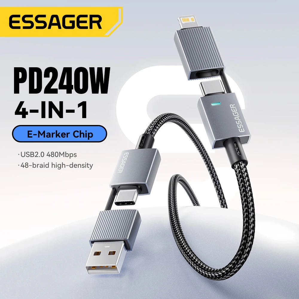 Cable de Carga Rápida Essager 240W 4 en 1 para iPhone 17 16 15 Pro Max, Macbook, iPad, Xiaomi, Samsung, Macbook, USB Tipo C a USB C